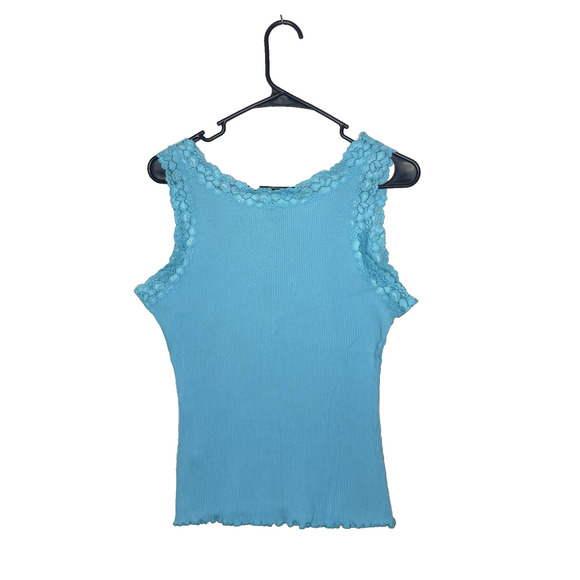 Y2K Cha Cha Vente Baby Blue Tank Top Lace Trim Size L 2000s Lettuce Hem USA Made - Picture 2 of 9